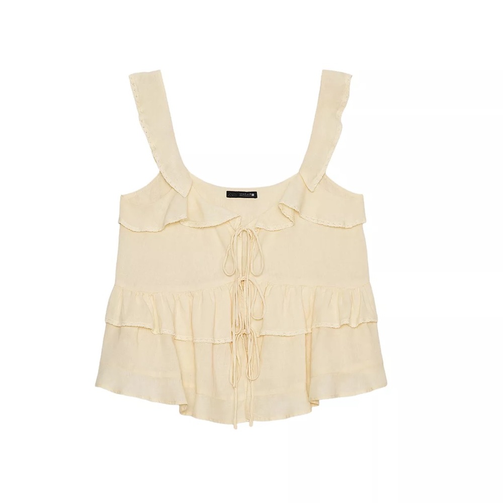 Linen Lace Trim Ruffle Top